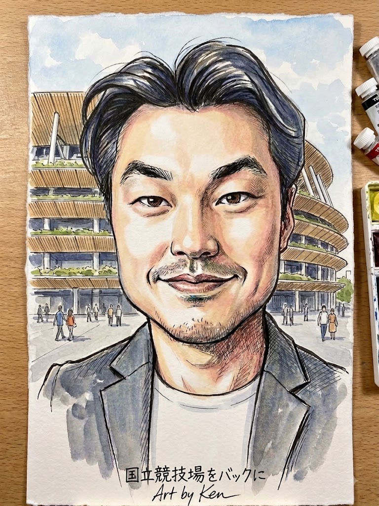 代表取締役 小島卓三の似顔絵イラスト(国立競技場前)