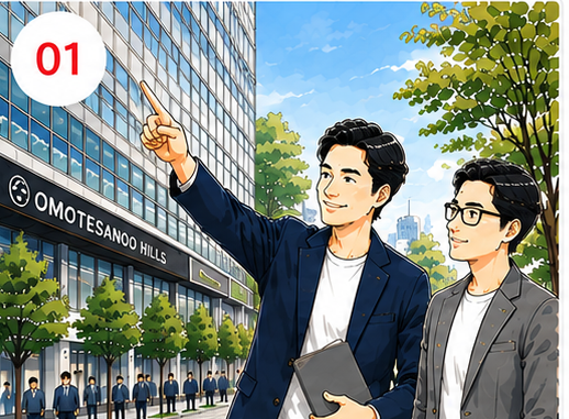 表参道ヒルズ前でスタッフがお客様にエリアをご案内しているイラスト