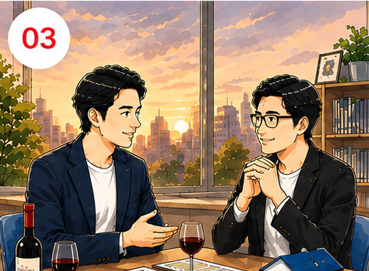 オフィスでスタッフがお客様と成約後のアフターサポートについて話しているイラスト